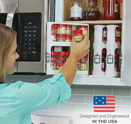 A well-organized kitchen countertop displaying 9 Amazon kitchen organization gadgets, including a spice and vitamin organizer, utensil holder, and beer can organizer, all trending on TikTok. The products are modern, sleek, and arranged to highlight a clutter-free and stylish kitchen space.