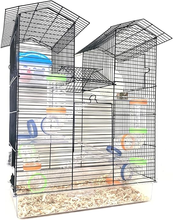 Large twin tower, 5-level habitat for small animals with paw-safe solid plastic flooring. Features a roomy design with a clear acrylic base, mixed color translucent tube tunnels, and includes accessories like shelves, ladders, a water bottle, food bowl, hide house, and a 5-inch running wheel. Designed with tight 3/8-inch bar spacing for safety, three access doors, and suitable for dwarf hamsters, gerbil, mice, and other small critters
brainy buyz   brainybuyz.com