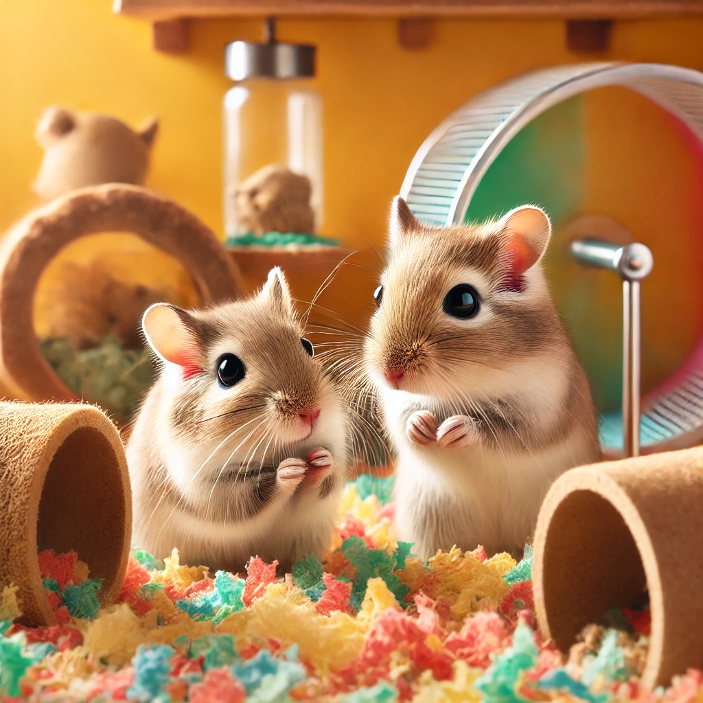 Two playful gerbils interacting in a colorful, cozy habitat filled with soft, paper-based bedding, tunnels, and chew toys. The habitat includes an exercise wheel and a water bottle in the background, creating a warm and inviting environment that highlights the social and active nature of gerbils. brainy buyz brainybuyz.com