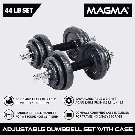 Most Popular Essential Gym Equipment Guide: MAGMA 44LB adjustable dumbbell set with cast iron plates and storage case, perfect for home gym workout training