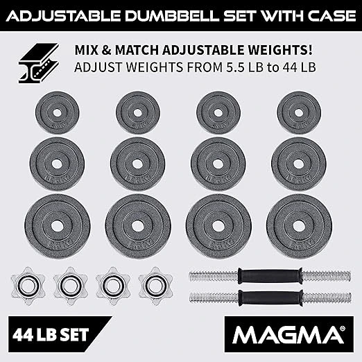 Most Popular Essential Gym Equipment Guide: MAGMA 44LB adjustable dumbbell set with cast iron plates and storage case, perfect for home gym workout training