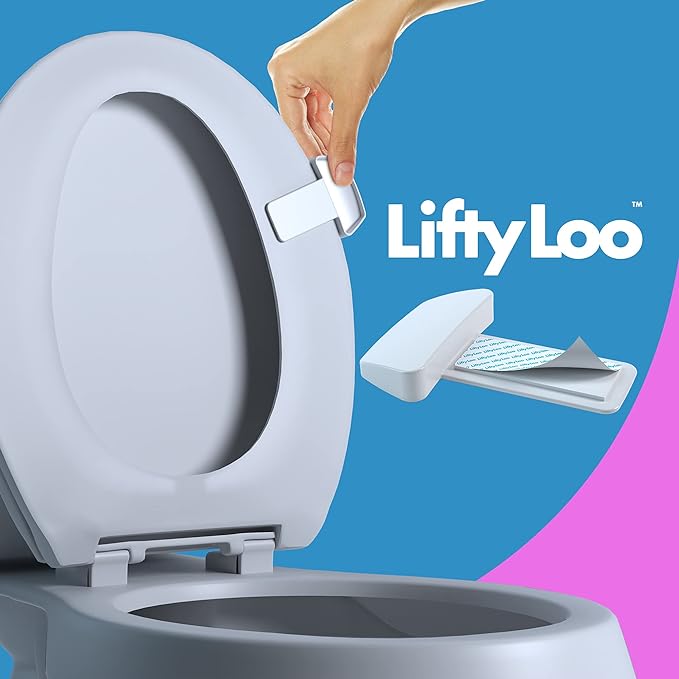 Toilet Seat Handle 2-pack in white by Lifty Loo, made for Western bathroom settings. Easy to apply with durable 3M adhesive for curved or flat toilet seats, encourages clean and convenient lifting and lowering.