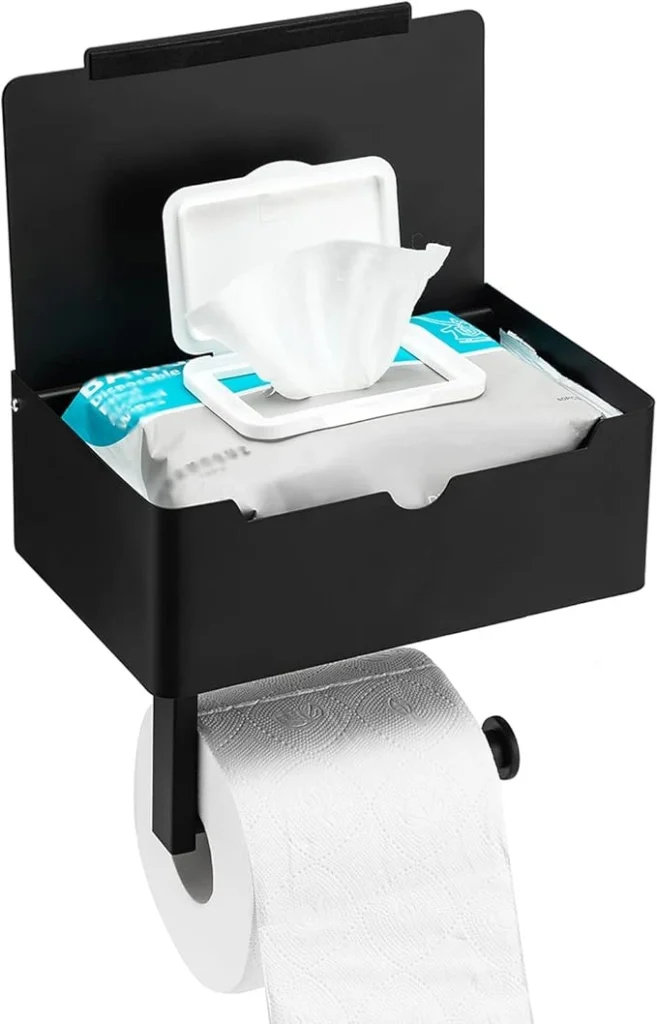 Toprema Matte Black Toilet Paper Holder with a shelf, designed for the Western bathroom. Made of durable SUS304 stainless steel with a matte finish, this wall-mounted tissue roll hanger features a flushable wipes dispenser and a large storage box. The reversible design allows for left or right installation, while the raised edges and dampening strip enhance usability and reduce noise.