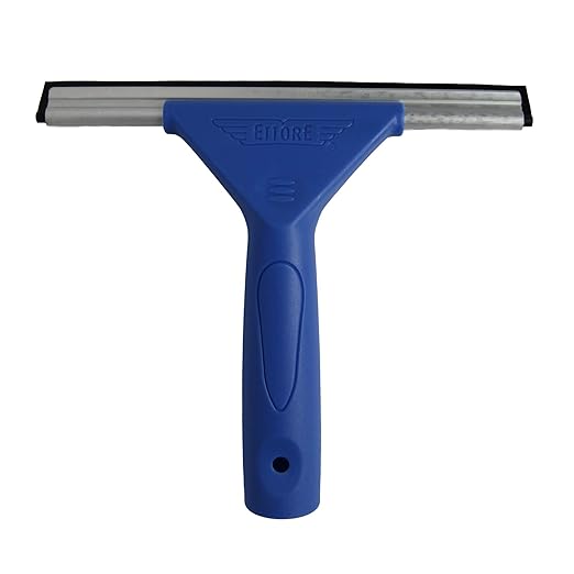 Ettore 17008 8-Inch All-Purpose Window Squeegee in blue, featuring a lightweight design with a high-impact plastic handle and an aluminum channel. The silicone rubber blade ensures streak-free cleaning for windows, mirrors, and shower doors. Ideal for maintaining cleanliness in Western bathrooms.