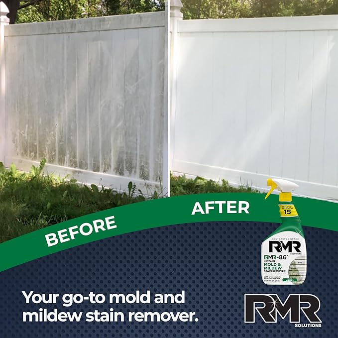 RMR-86 Instant Mold and Mildew Stain Remover Spray, 32 fl oz, featuring a fast-acting, scrub-free formula designed to eliminate stubborn mold and mildew stains. Safe for various surfaces including wood, drywall, and concrete floors, this powerful cleaner begins working instantly, making it ideal for maintaining a clean and healthy Western bathroom.