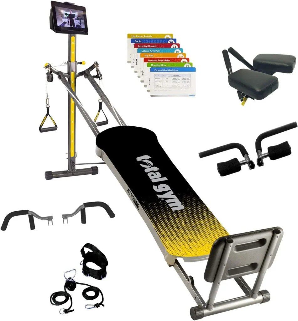 Total Gym XTREME home gym equipment with over 60 exercises, featuring ab crunch accessory, wing attachments, tri-grip shaper bars, squat stand, leg pulley system, and resistance levels for a full-body workout. Includes training deck, device holder, and workout DVDs