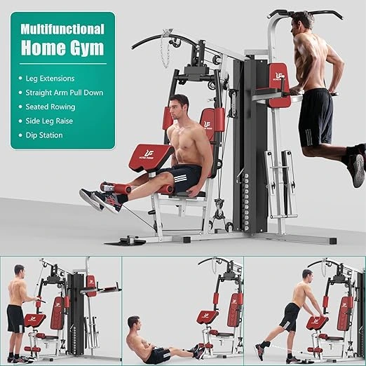 Multifunctional Home Gym Equipment Workout Station with double pulley system, arm and leg developer, power tower, and foldable stepper for full-body gym training. Constructed with heavy-duty steel, it includes 118lb weight plates, high-density foam pads, and supports various exercises for arms, chest, legs, back, and abs