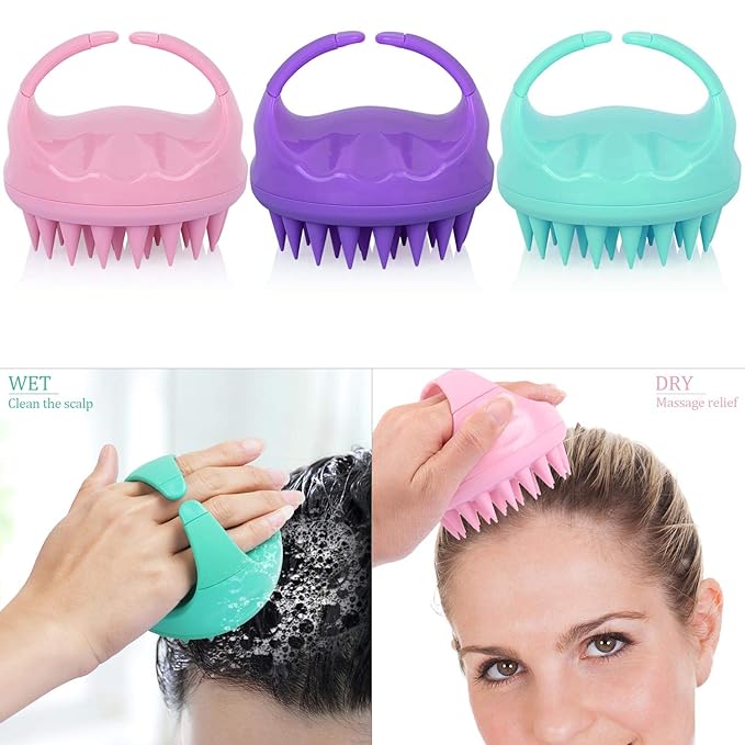 BTYMS 3-piece silicone scalp massager shampoo brush set, perfect for Western bathroom use. Handheld shower scrubber for removing dandruff and deep cleaning roots, suitable for kids and adults of all hair types.