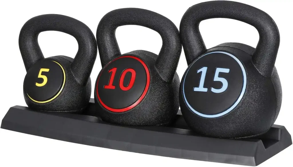 Best Choice Products 3-piece kettlebell set for home gym with 5lb, 10lb, and 15lb weights, featuring ergonomic handles for a secure grip, HDPE coating, and concrete core. Includes a storage rack for convenient organization, perfect for strength training and HIIT workouts.