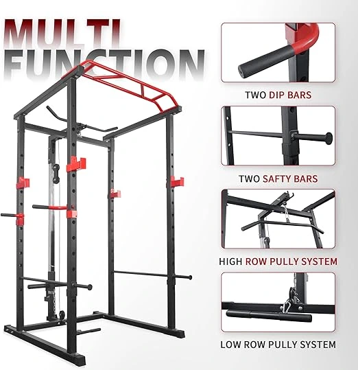 Most Popular Essential Gym Equipment Guide: Power Cage with 1000 lbs capacity, adjustable safety bars, LAT pull-down attachment, and multi-grip pull-up bar for strength training at home.