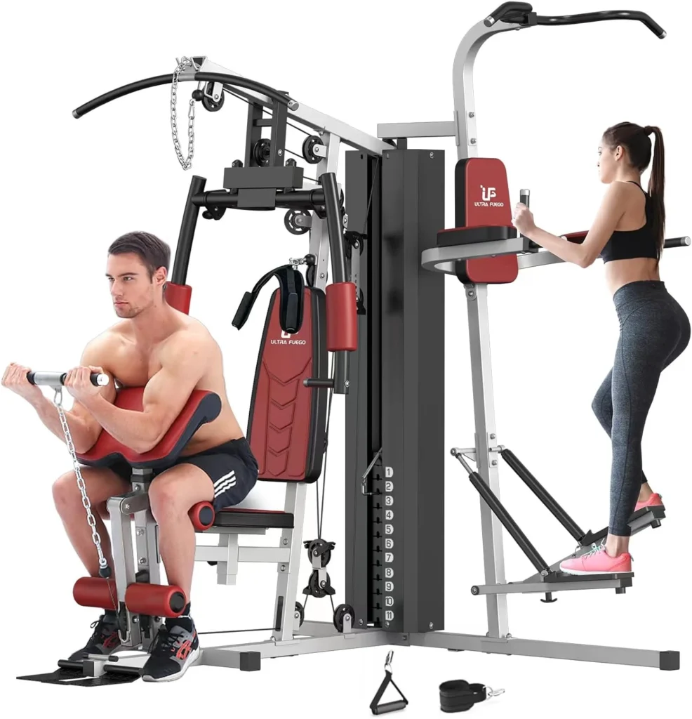 Multifunctional Home Gym Equipment Workout Station with double pulley system, arm and leg developer, power tower, and foldable stepper for full-body gym training. Constructed with heavy-duty steel, it includes 118lb weight plates, high-density foam pads, and supports various exercises for arms, chest, legs, back, and abs