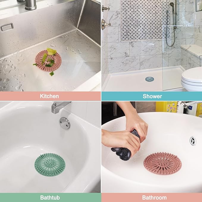 5-Pack of Gotega Hair Catcher Shower Drain Covers in multiple colors (grey, blue, green, pink, and brown), made of flexible Thermo-Plastic-Rubber. Designed for Western bathrooms, these easy-to-install drain protectors prevent hair clogs and are suitable for sinks, showers, and tubs.