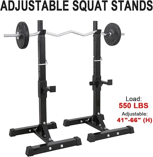 F2C adjustable squat rack for home gym, with a 550 lbs weight capacity, safety spotters, and durable steel construction for bench presses and squats.