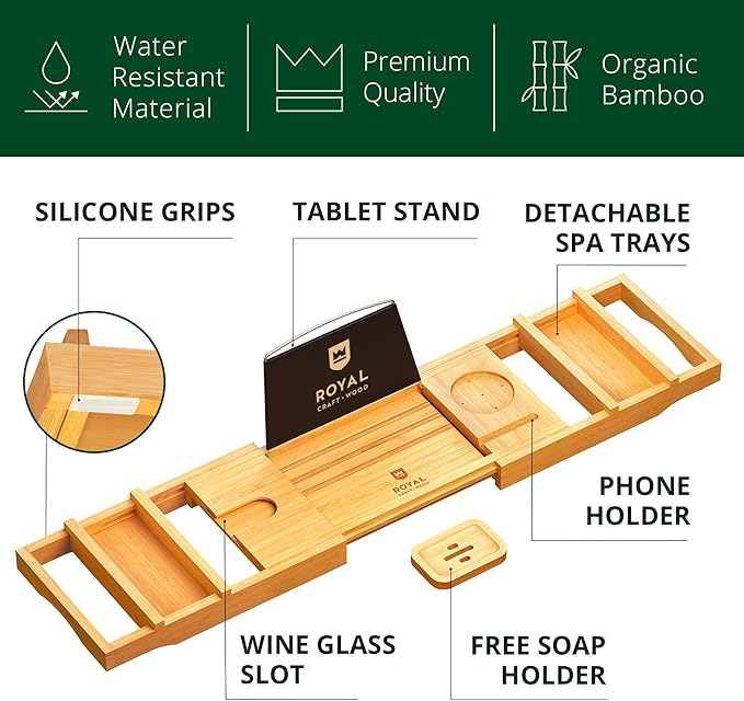 ROYAL CRAFT WOOD Luxury Bathtub Caddy Tray in natural bamboo color, designed for Western bathrooms. Expands from 29½ to 43 inches, features a wine glass slot, phone holder, and bonus soap dish for an elevated spa experience.