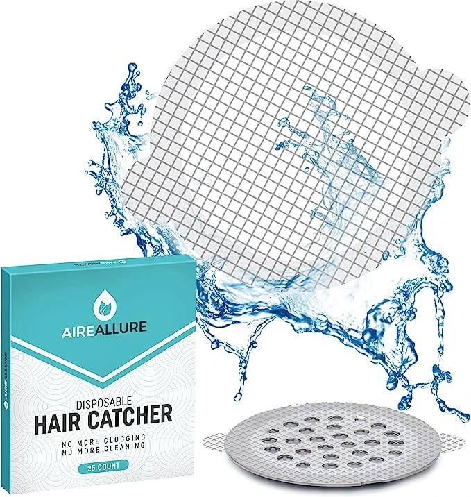 25 Pack of Aire Allure Disposable Shower Drain Hair Catcher Mesh Stickers in white, designed to prevent clogs by catching hair and debris. Each sticker measures 3.5 inches wide and 0.01 inches thick, featuring a strong waterproof adhesive for reliable use on various surfaces like metal, plastic, or tile. This cost-effective solution offers convenience for maintaining a clean drain in a Western bathroom, simply peel off and replace every 2-3 weeks for optimal performance