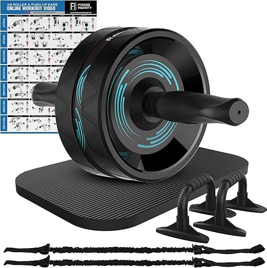 Most Popular Essential Gym Equipment Guide: 6-in-1 ab roller kit with knee mat, push-up bars, resistance bands, and workout guide for effective abdominal exercises at home.