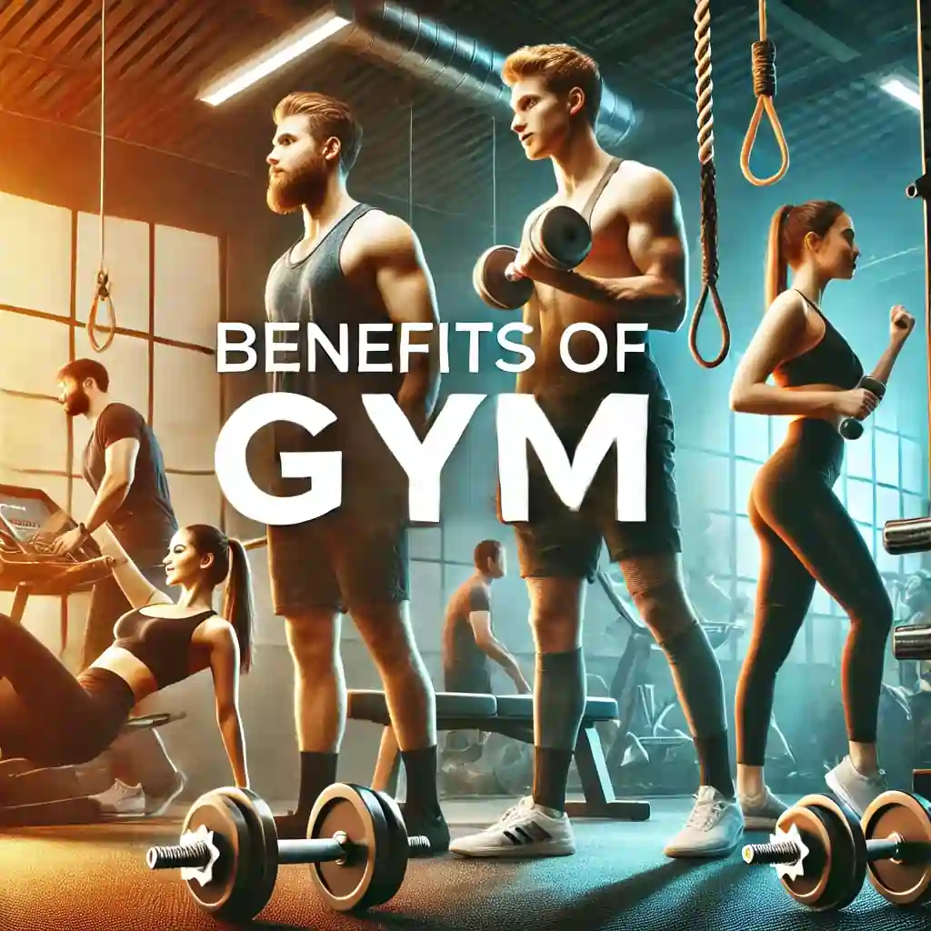 Vibrant gym scene featuring people engaged in fitness activities like weightlifting, cardio, and stretching with high-quality gym equipment, showcasing the benefits of gym workouts for overall health and well-being.