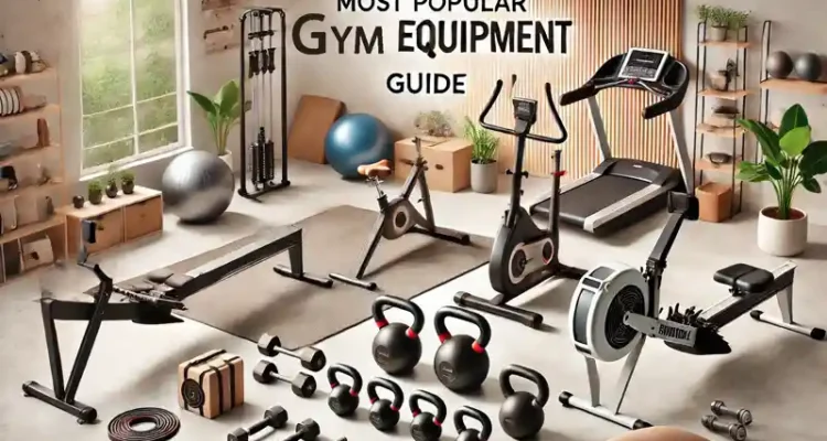 "Landscape image showcasing a variety of popular gym equipment such as dumbbells, barbells, and machines with the text 'Most Popular Essential Gym Equipment Guide' prominently displayed.