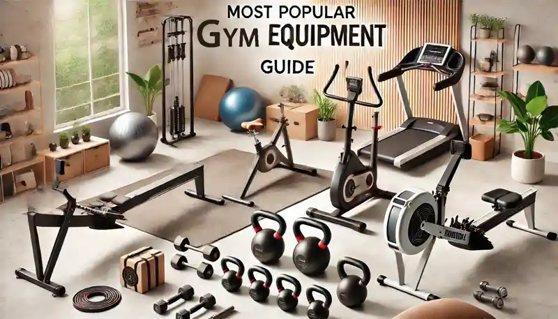 "Landscape image showcasing a variety of popular gym equipment such as dumbbells, barbells, and machines with the text 'Most Popular Essential Gym Equipment Guide' prominently displayed.