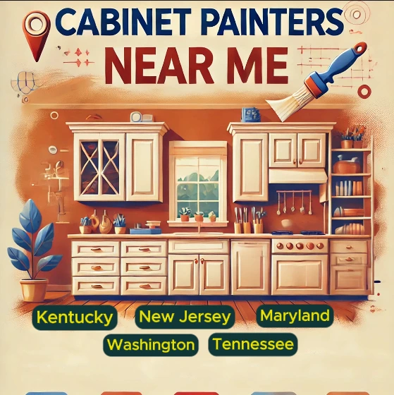 Beautifully painted kitchen cabinets with the text 'Cabinet Painters Near Me' and icons representing Kentucky, New Jersey, Maryland, Washington, and Tennessee, illustrating local cabinet painting services.