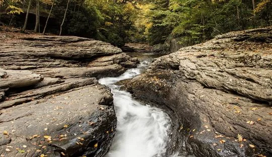 Ohiopyle State Park Waterfall – Picturesque waterfall along the Ferncliff Peninsula Trail at Ohiopyle, an adventurous places to go near me in Pennsylvania for hiking and rafting.