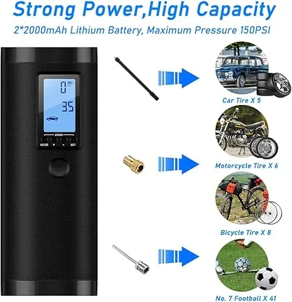 Image of a portable air compressor: "Portable air compressor, a versatile car find for inflating tires, featuring multi-functional capabilities including a flashlight.