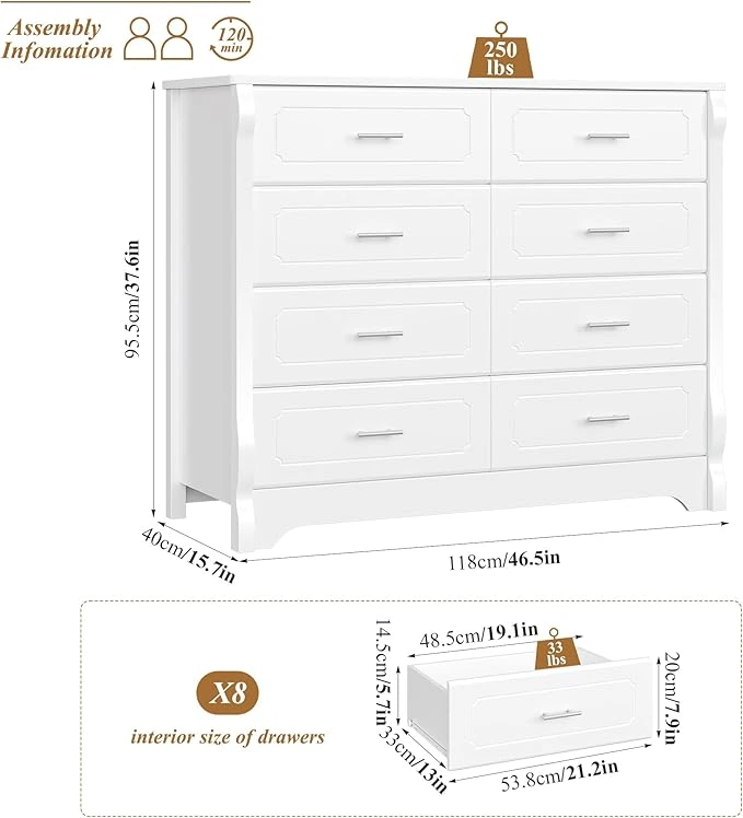 Modern HITHOS 8 Drawer Chest for Bedroom with deep drawers and metal handles, 47-inch white wood dresser and chest of drawers, ideal storage solution for living room, hallway, or entryway.