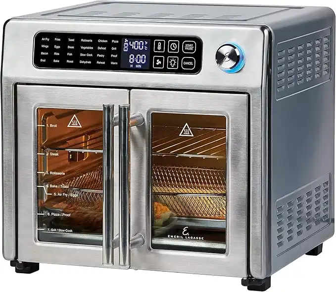 Emeril Lagasse 26 QT extra-large air fryer and good oven with stainless steel French doors, offering convection and toaster oven functionality. A premium good oven for versatile cooking.