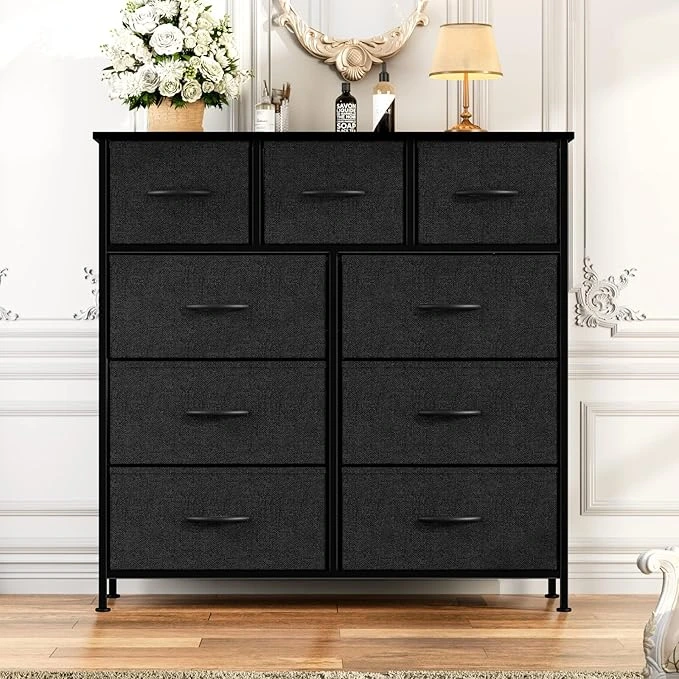 NEWBULIG 9 Drawer Chest for Bedroom, black storage organizer with cabinet wooden top, fabric bins for clothing storage in closet, living room, or hallway.