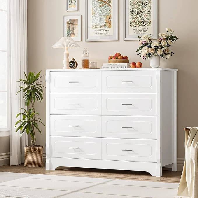 Modern HITHOS 8 Drawer Chest for Bedroom with deep drawers and metal handles, 47-inch white wood dresser and chest of drawers, ideal storage solution for living room, hallway, or entryway.