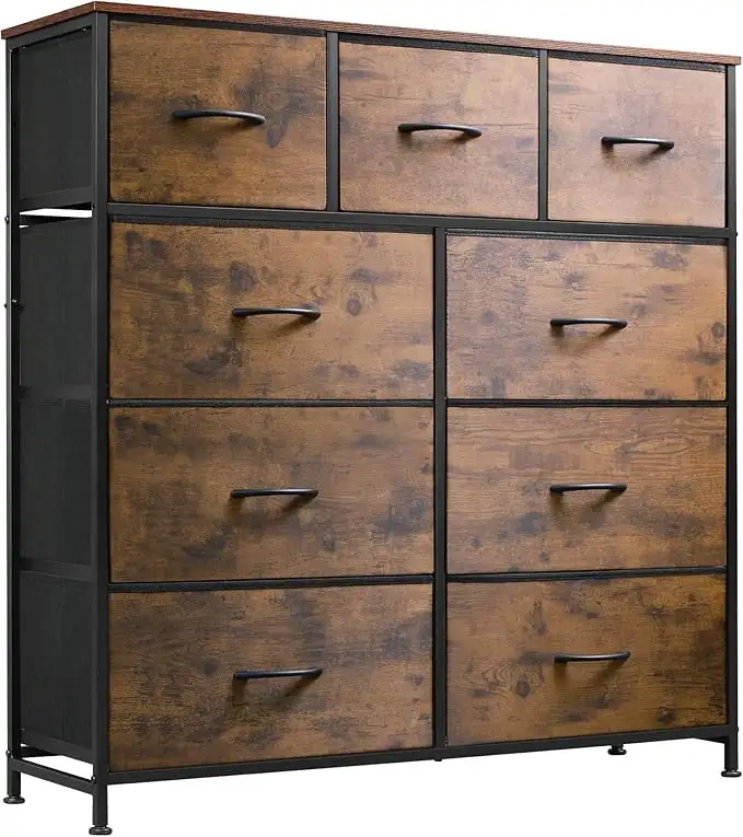 WLIVE 9-Drawer Chest Dresser in rustic brown with steel frame and fabric drawers, providing spacious storage for bedroom or closet organization.