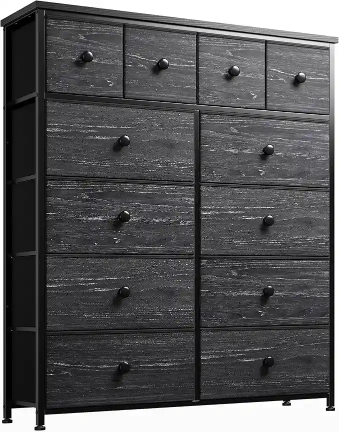 EnHomee 12-Drawer Black Chest for Bedroom, spacious fabric storage dresser with sturdy frame, perfect for organizing clothes in bedrooms, living rooms, or closets, 12 inches deep and 41 inches wide.