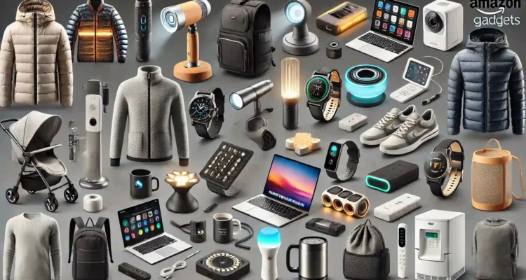 Alt text: "A collection of unique Amazon gadgets and tech products displayed in a sleek, organized layout. Items include heated jackets, smart wearables, a mini projector, ergonomic laptop stands, portable monitors, wireless chargers, security cameras, flashlights, mini portable chargers, power strips with USB ports, mug warmers, mesh WiFi routers, and multi-device charging stations. This assortment highlights innovative, high-tech Amazon finds, perfect for enhancing modern lifestyles and home setups. The products are arranged aesthetically without text, showcasing their design and functionality in a visually engaging way."