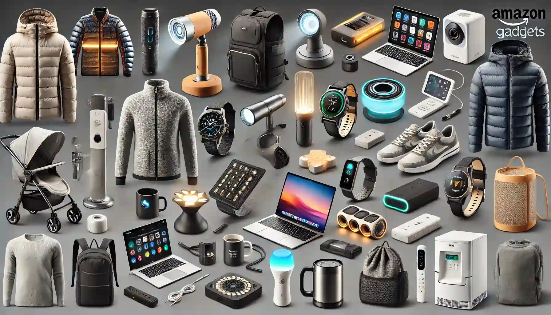 Alt text: "A collection of unique Amazon gadgets and tech products displayed in a sleek, organized layout. Items include heated jackets, smart wearables, a mini projector, ergonomic laptop stands, portable monitors, wireless chargers, security cameras, flashlights, mini portable chargers, power strips with USB ports, mug warmers, mesh WiFi routers, and multi-device charging stations. This assortment highlights innovative, high-tech Amazon finds, perfect for enhancing modern lifestyles and home setups. The products are arranged aesthetically without text, showcasing their design and functionality in a visually engaging way."