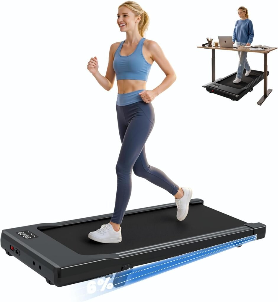 DeerRun Under Desk Walking Pad Treadmill for Home & Office, 6% Manual Incline, 2.5 HP, 0.6–3.8 MPH Walking Speed, 300 lb Capacity, App & Remote Control