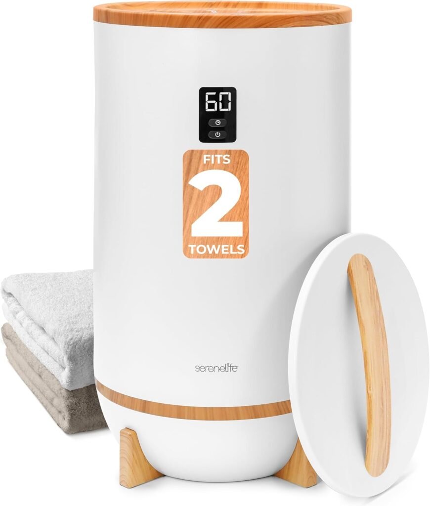 SereneLife Towel and Blanket Warmer - Single Touch Portable Towel Heater for Bathroom, Fragrant Disc Holder, LED Ring, 2 Large Towel Capacity, Built-in Timer (15-60 mins), Auto Shut-Off (White)