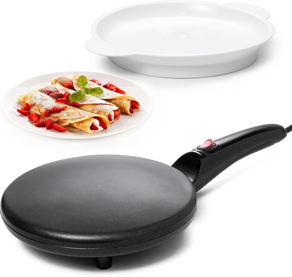 Moss & Stone Electric Crepe Maker – 8” Portable Crepe Pan Nonstick with Dipping Plate, Auto Shut-Off, OnOff Switch, Even Heating & One Automatic Temperature Control – Compact Crepe Maker