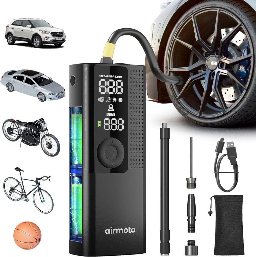 Tire Inflator Portable Air Compressor - Air Pump For Car Tires with Digital Pressure Gauge, LED Light and Auto Shut-Off Function - Cordless Pump for Car, Motorcycle, Bicycle, Ball